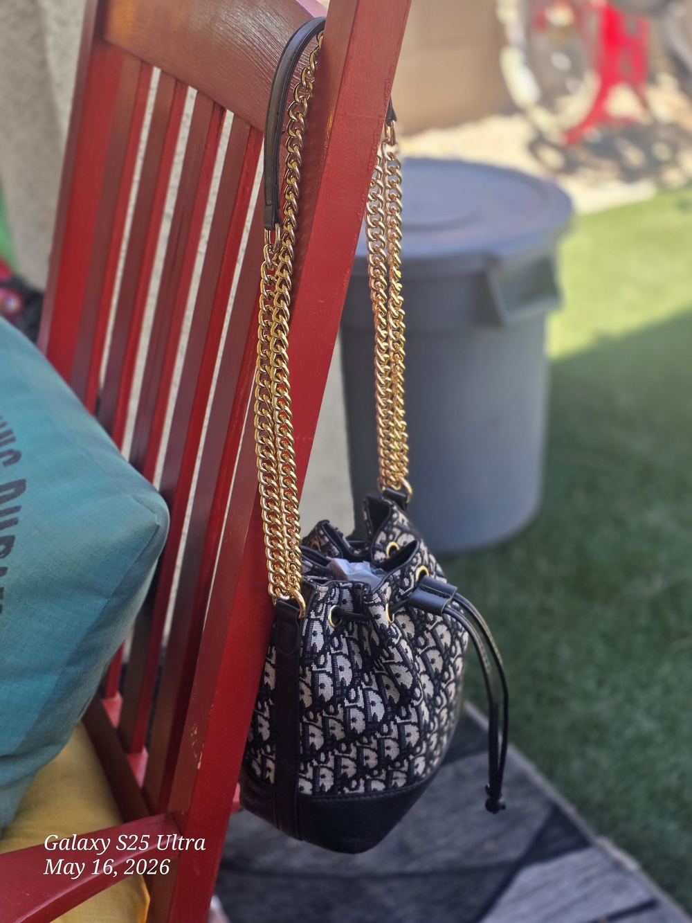 Dior Black & White Monogram Drawstring Hobo with Gold Chain Strap